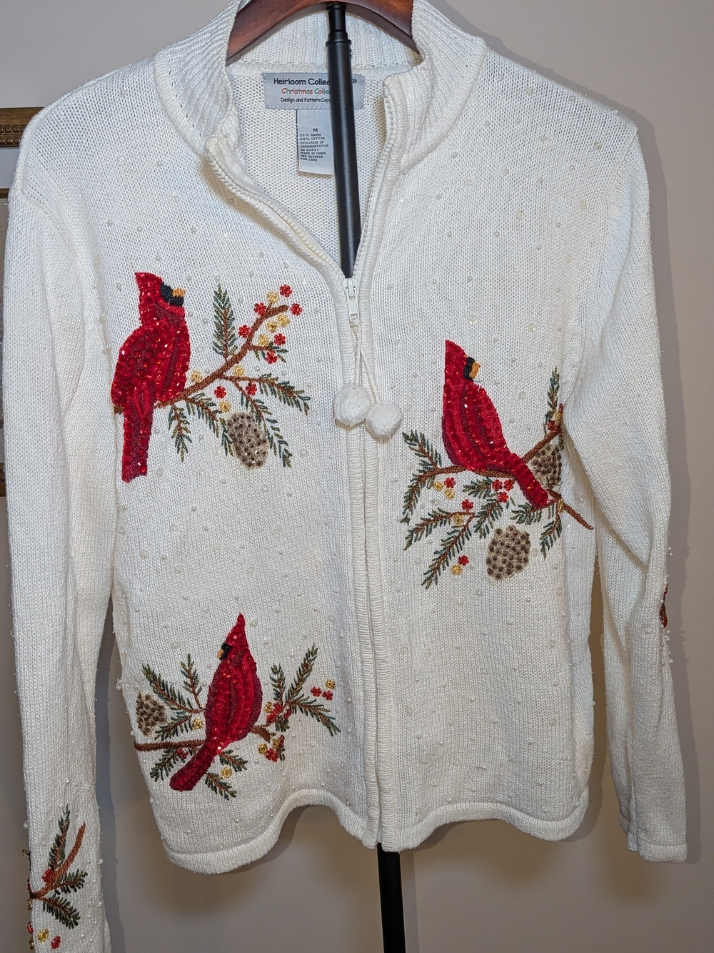 Heirloom Collection Christmas Cardinal Zip Sweater Cardigan Ivory Beaded Embroid